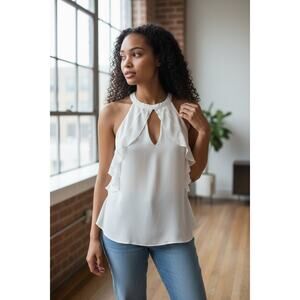 Krisa White Ruffle Keyhole Halter Blouse Sleeveless Top NWT Size Small